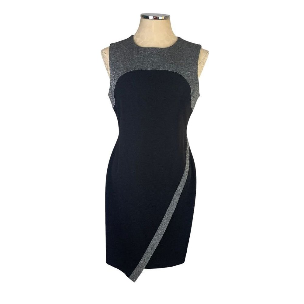 8 Tommy Hilfiger Black Silver Sleeveless Sheath Dress Stretch Fabric Back Zip